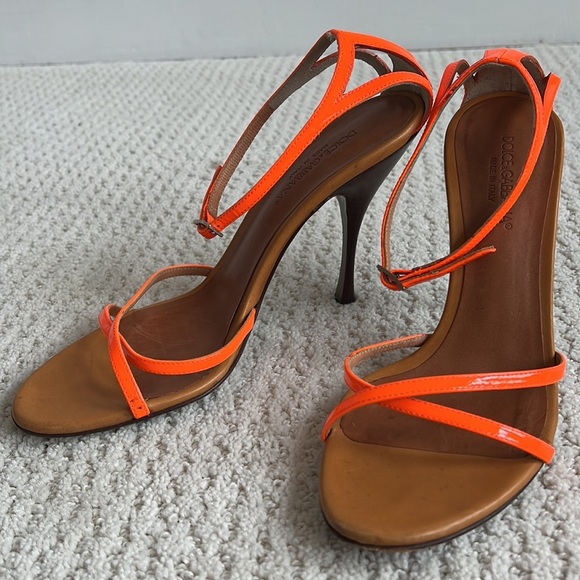 DOLCE & GABBANA Strappy Neon Orange Leather Heels EU 38 / US 7.5-8 Italy Sandals - Picture 5 of 9